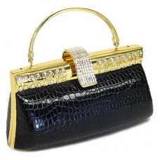 Evening Bag - 12 PCS - Croc Embossed Clutch w/ Swarovski Crystal Accent Closure - Black - BG-HPR999B